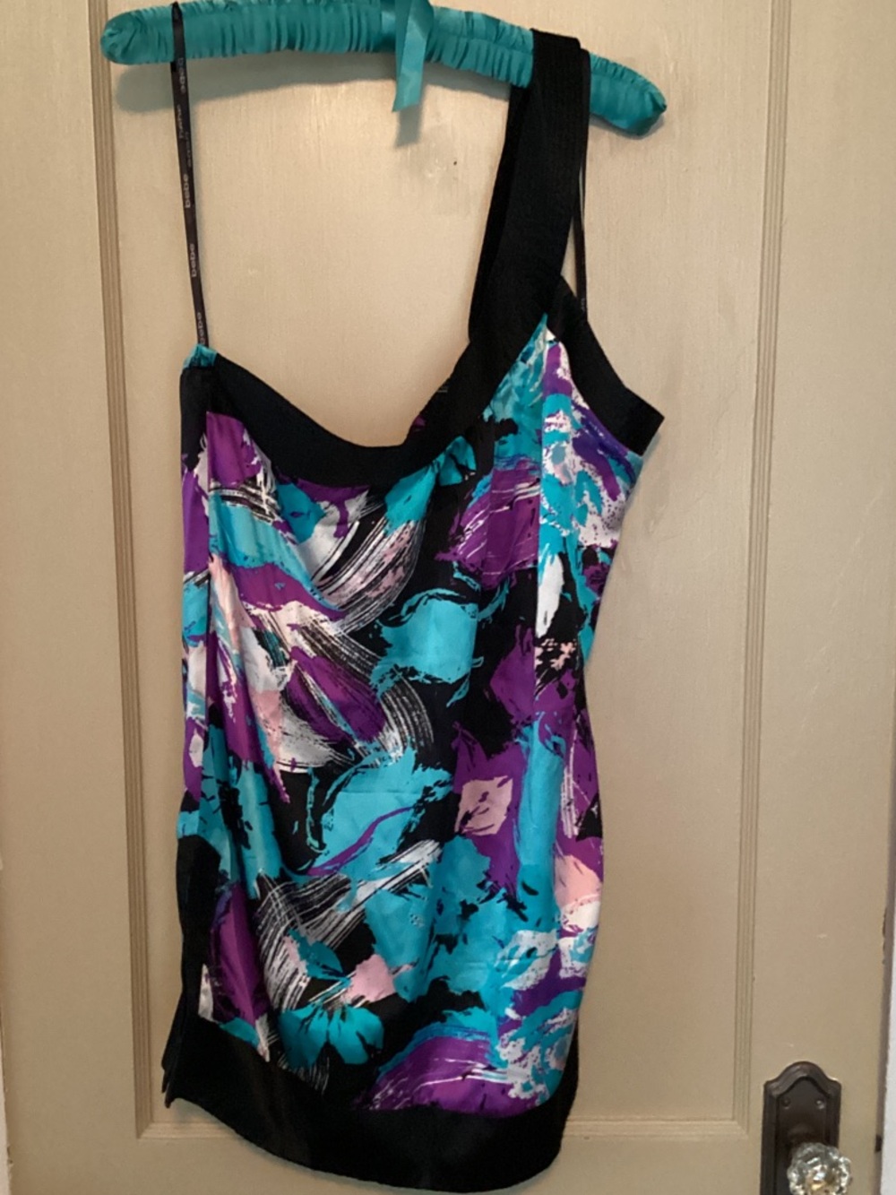 One-Shoulder Abstract Print Tank Top in Teal, Purple & Black